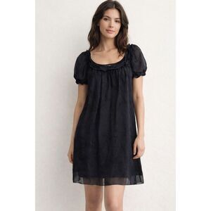 Studio M Black Silk Babydoll Dress Sheer Overlay Puff Sleeve L